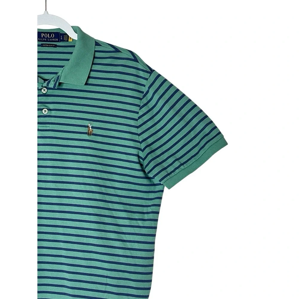 Polo Ralph Lauren Polo‎ Shirt Mens Large Pony Logo Seafoam Stripe Slim Fit Golf